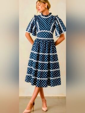 Prosperina Andromeda Navy Polka Dot Cotton Midi Dress. Size Med.